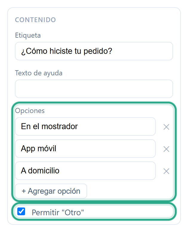 La sección Contenido de un campo de Selección única con la lista Opciones y + Agregar opción resaltadas, y Permitir Otro marcado y resaltado