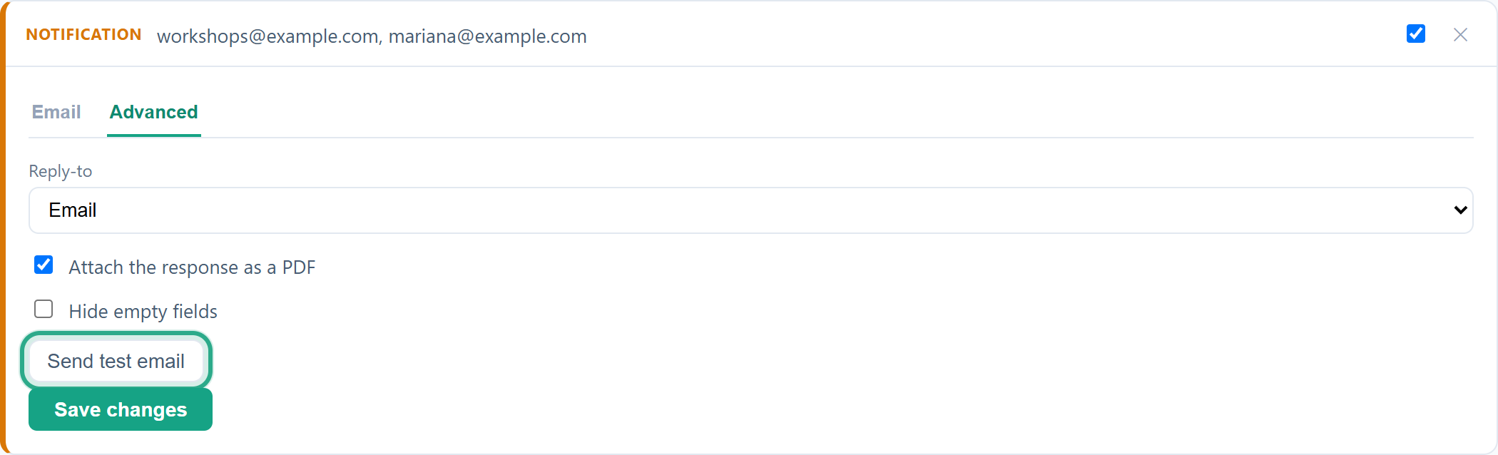 The Notification card open on Advanced, with Send test email outlined