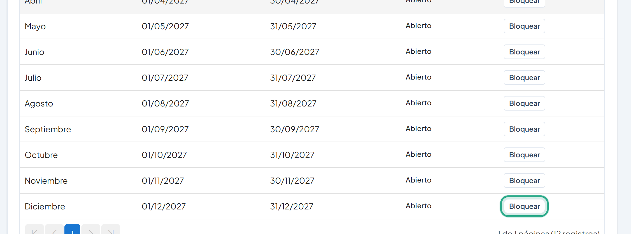 Períodos de registro de 2027, de Mayo a Diciembre en estado Abierto, con el botón Bloquear de Diciembre resaltado