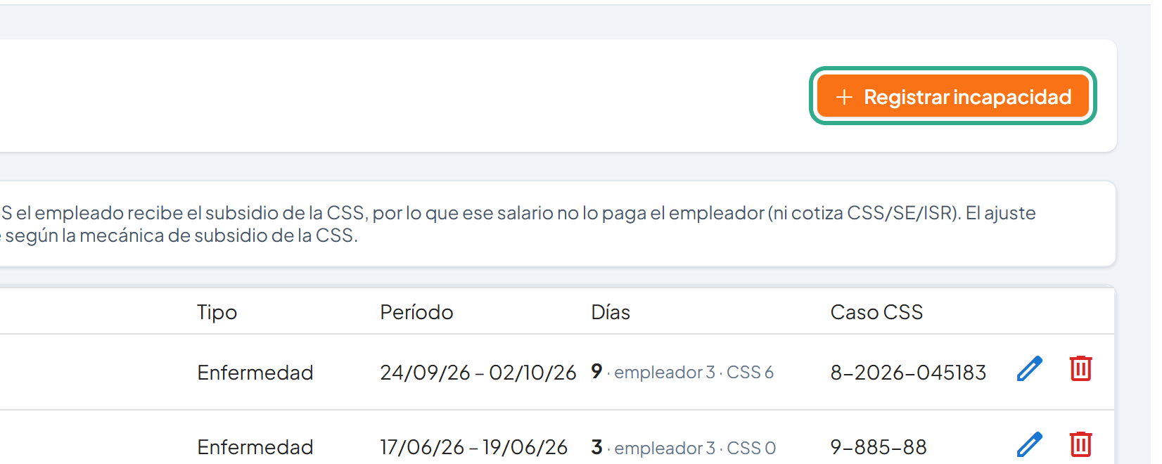 Botón Registrar incapacidad resaltado en la parte superior de la pantalla