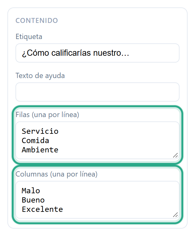 La sección Contenido de un campo de Matriz con las Filas Servicio, Comida, Ambiente y las Columnas Malo, Bueno, Excelente resaltadas