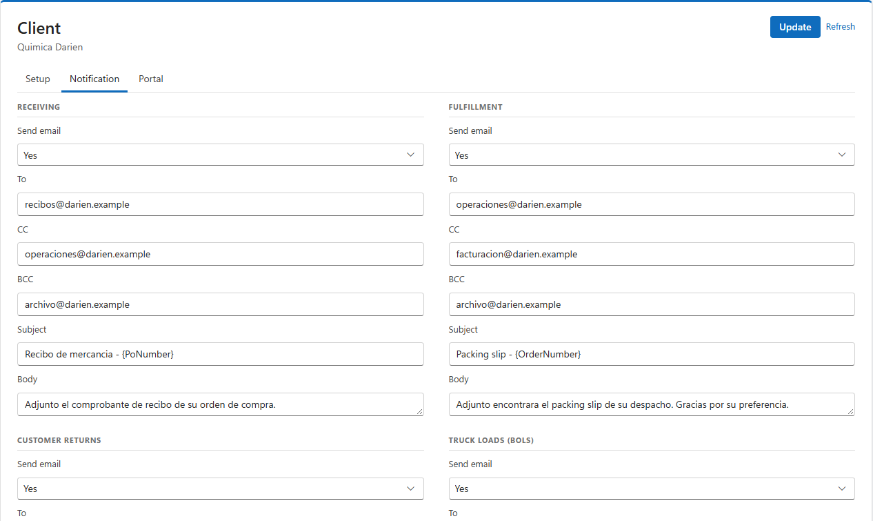 The Notification tab: Receiving and Fulfillment blocks with Send email, To, CC, BCC, Subject and Body