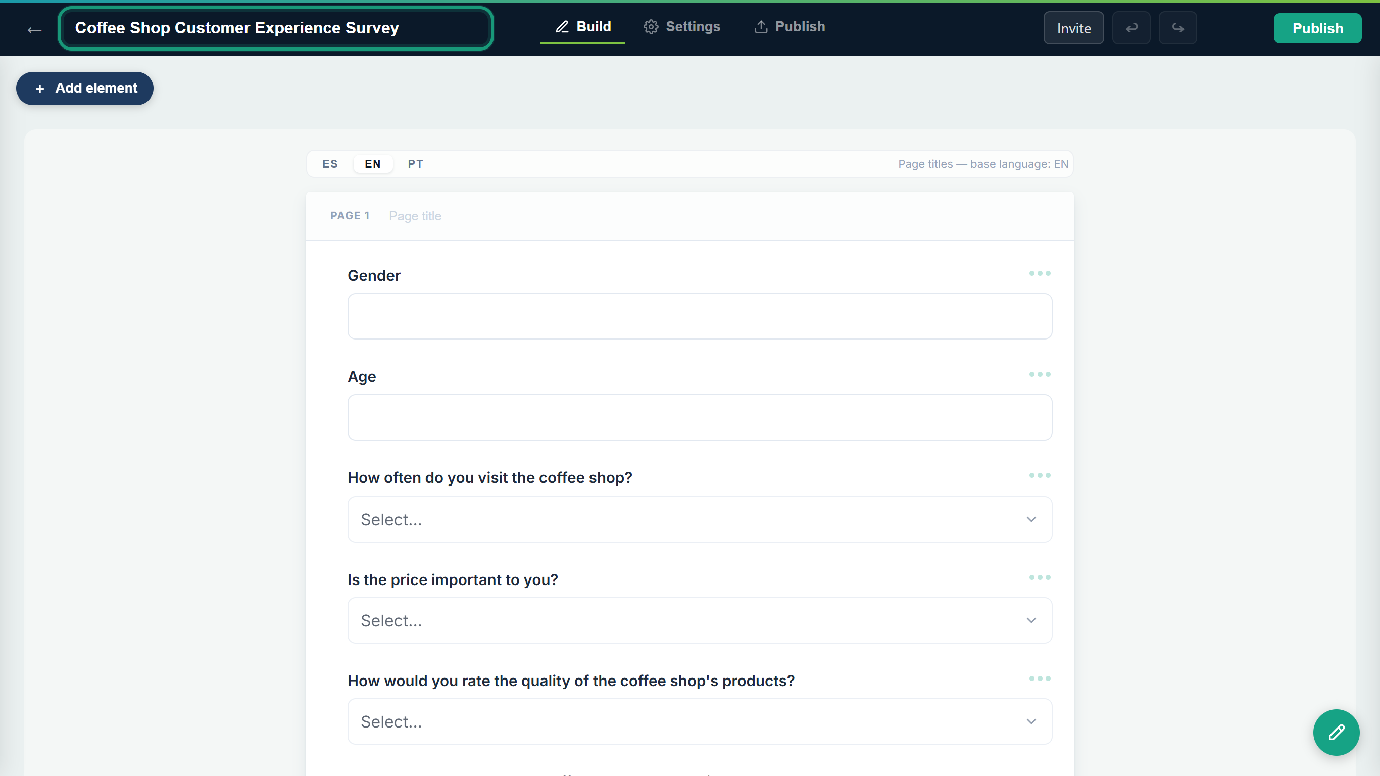 The form editor with the new Coffee Shop Customer Experience Survey form, the title box outlined, and the note base language: EN above the first page