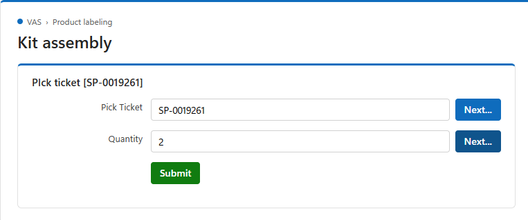 Kit assembly recorded against pick ticket SP-0019261 with a quantity of 2, ready to submit