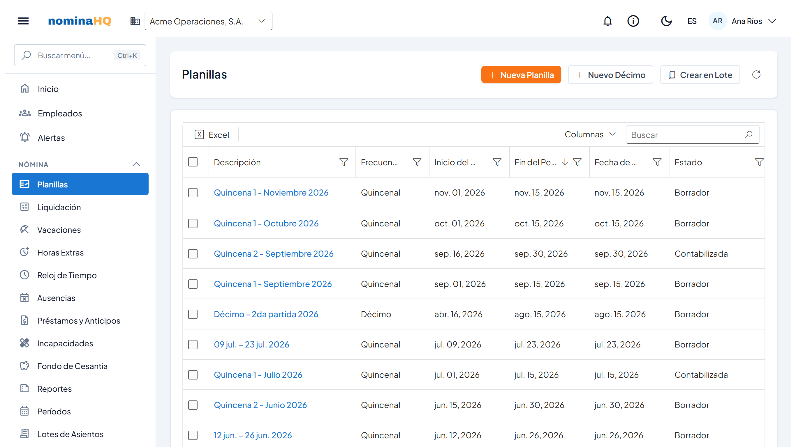Pantalla Planillas con la lista de planillas y los botones Nueva Planilla, Nuevo Décimo y Crear en Lote