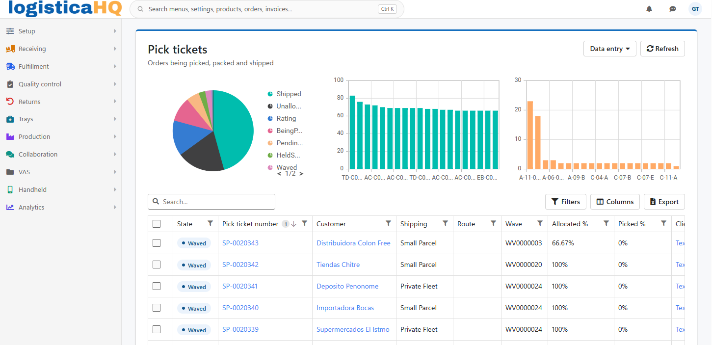 The LogisticaHQ web application showing the left menu, the search bar and the Pick tickets screen with its charts