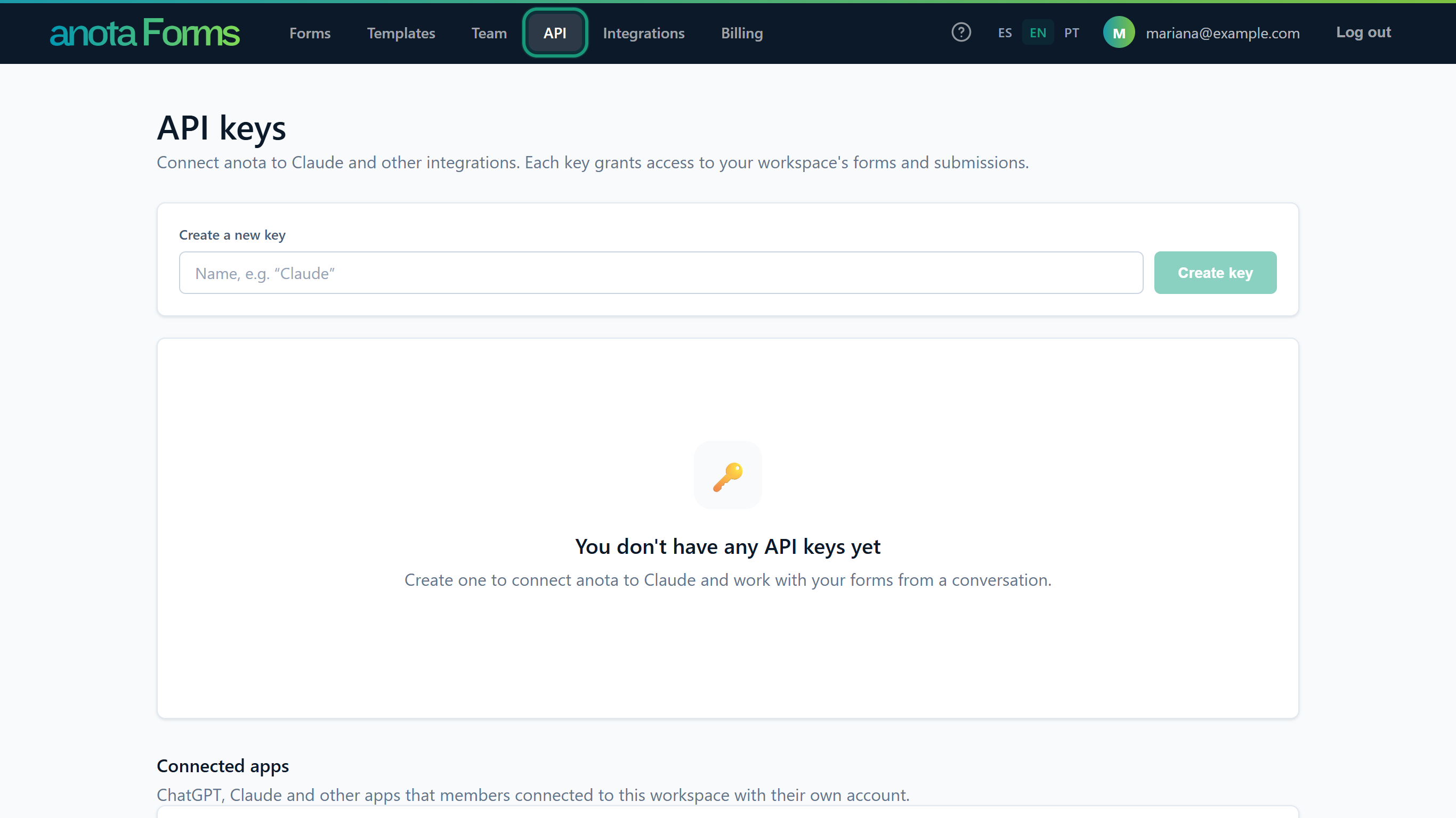 The API keys page with API outlined in the top bar, the Create a new key box and the Connected apps section