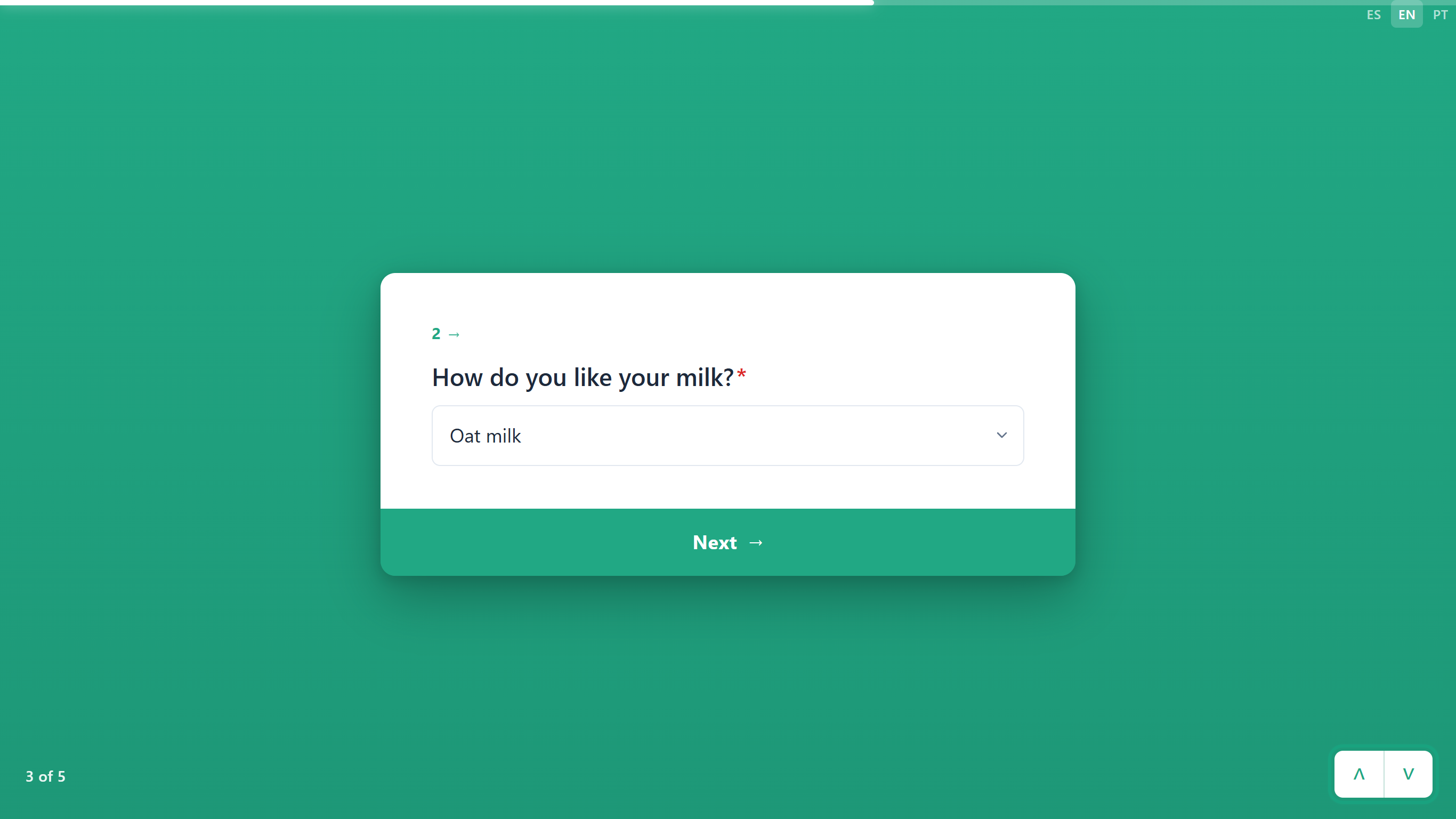 The milk card with Oat milk chosen in the dropdown, and the up and down arrow buttons outlined in the bottom-right corner