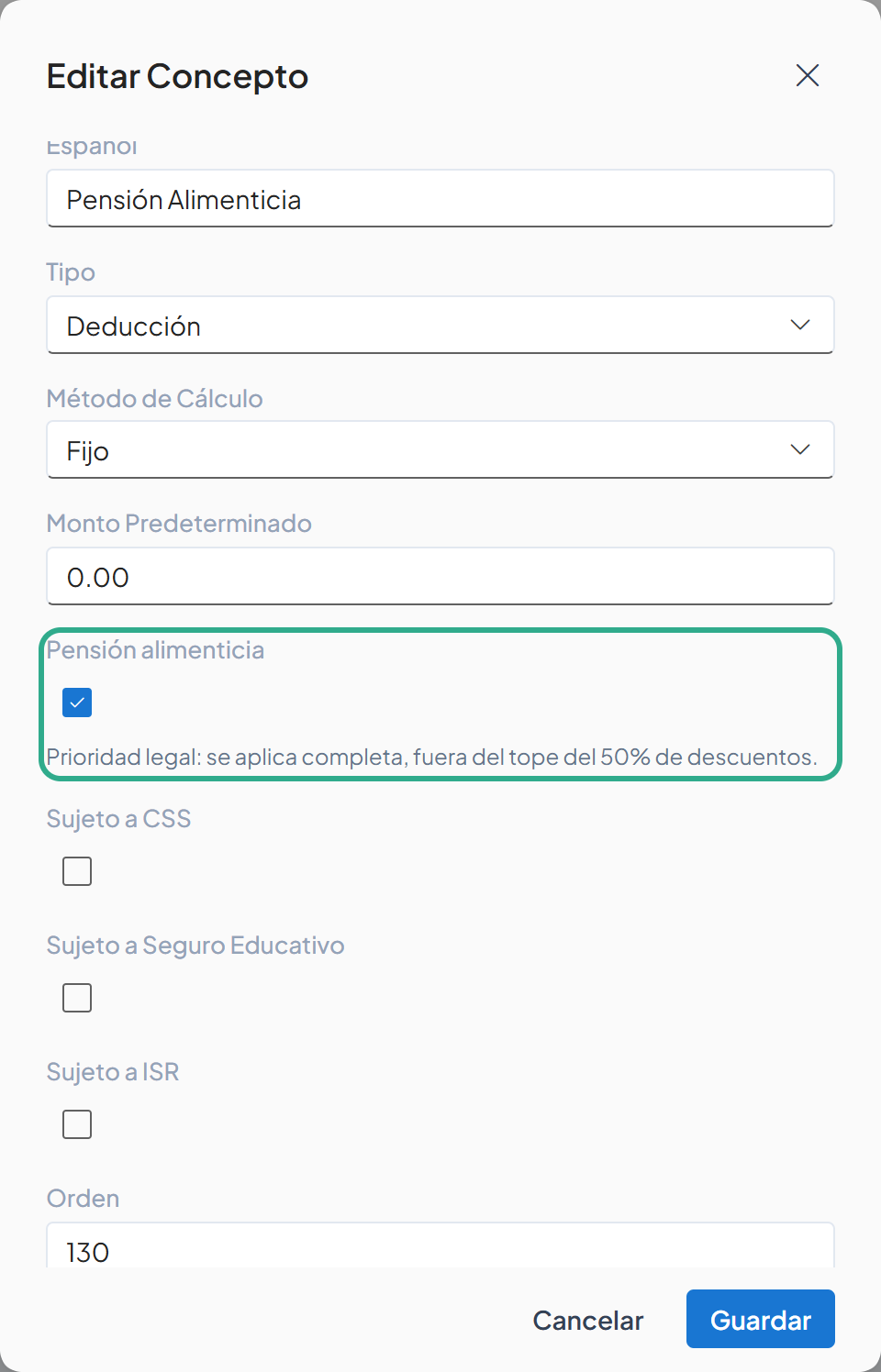 Cuadro Editar Concepto de PENA con la casilla Pensión alimenticia marcada y la nota Prioridad legal: se aplica completa, fuera del tope del 50% de descuentos