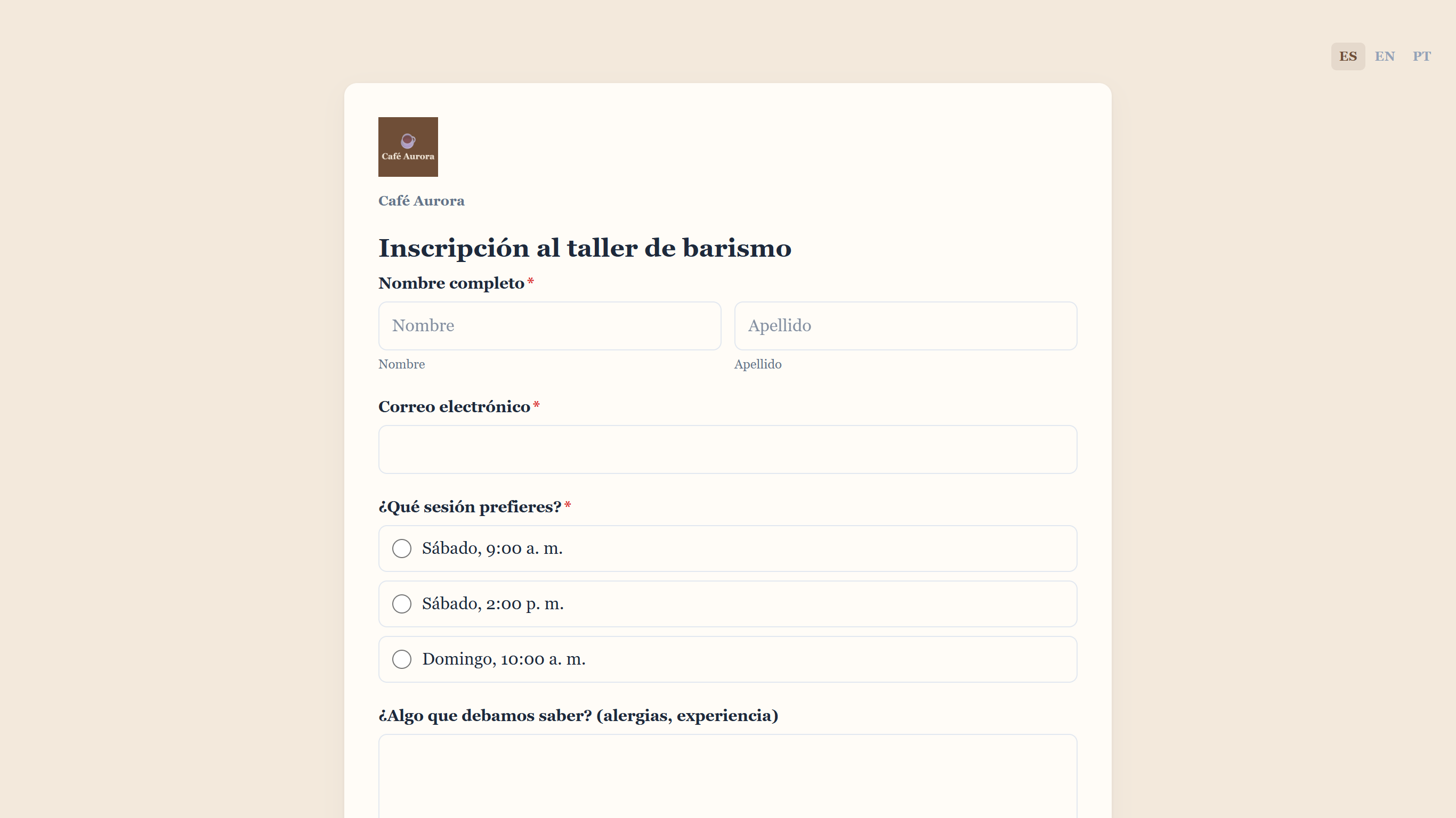 El formulario público Inscripción al taller de barismo con fondo crema, letra con serifas y el logo y el nombre de Café Aurora arriba