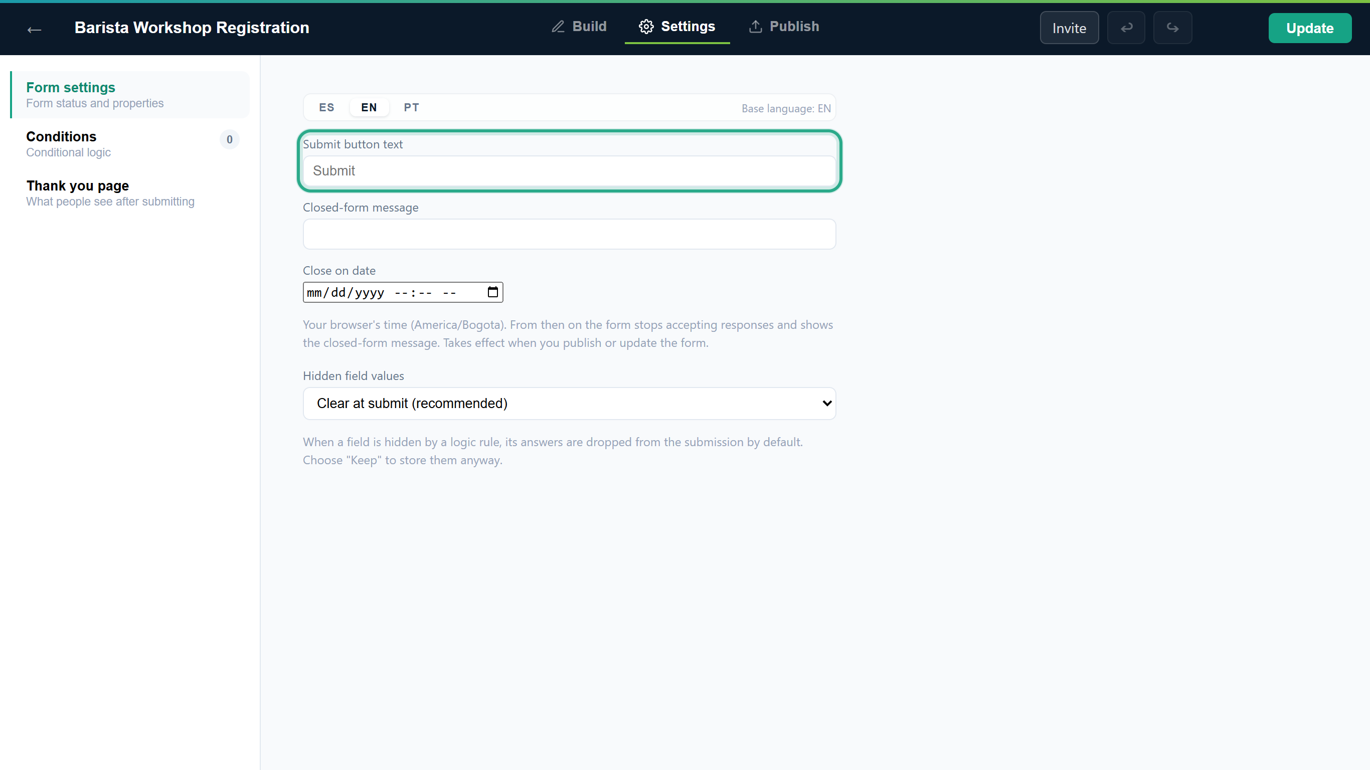 The Settings tab on Form settings with the Submit button text field outlined, above Closed-form message, Close on date and Hidden field values