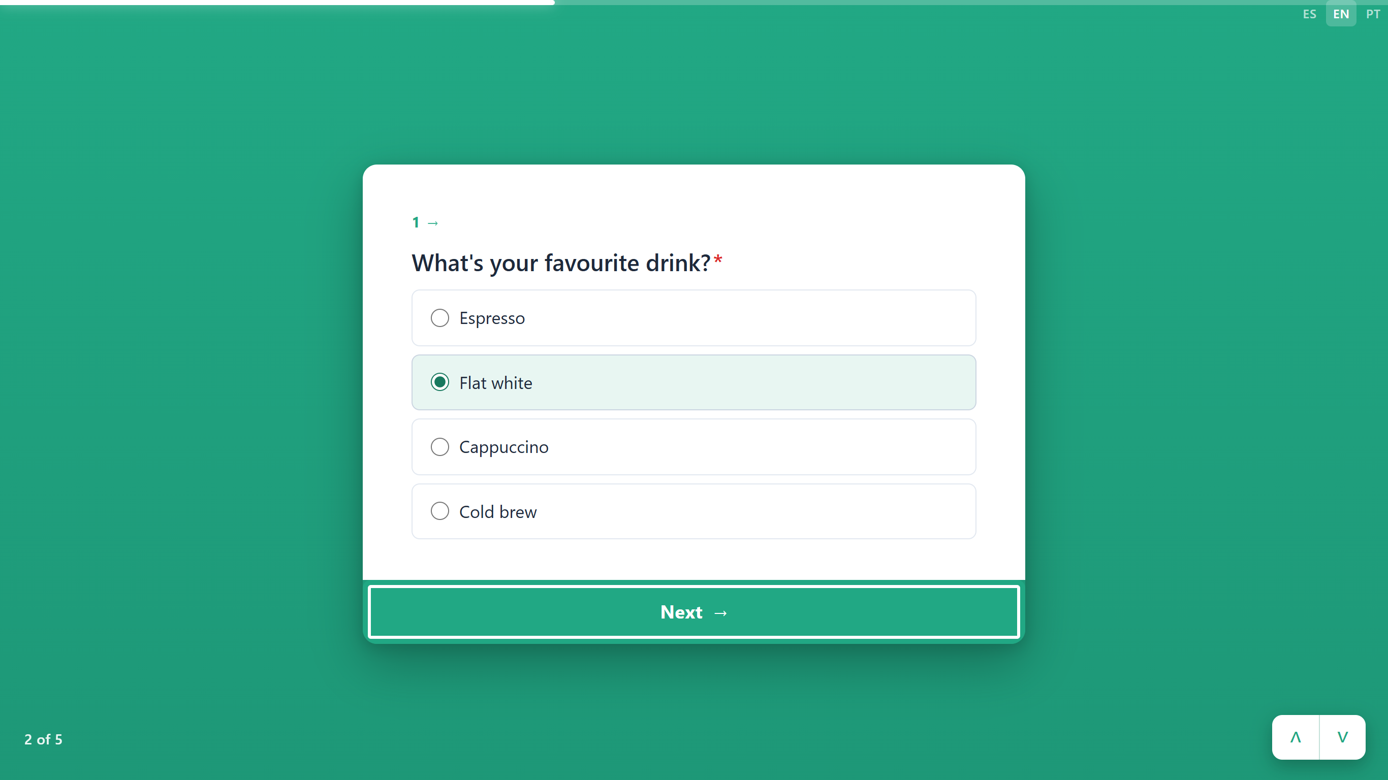 The question card What's your favourite drink? with Flat white selected, the progress bar at the top, and the Next button outlined