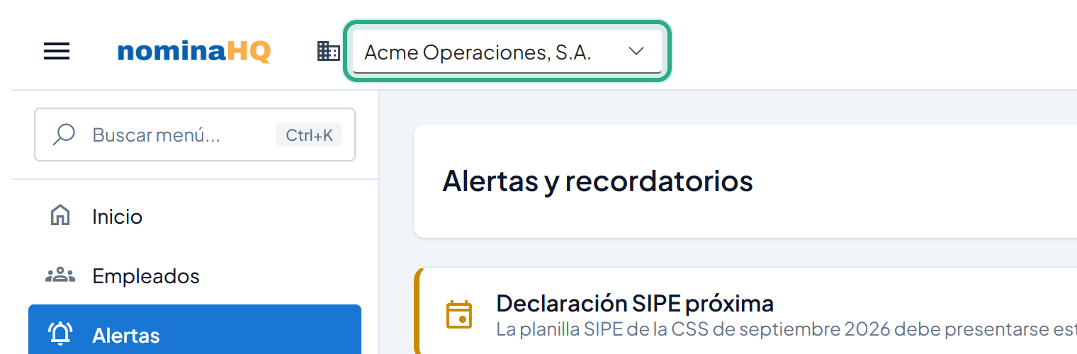 Selector de empresa de la barra superior resaltado