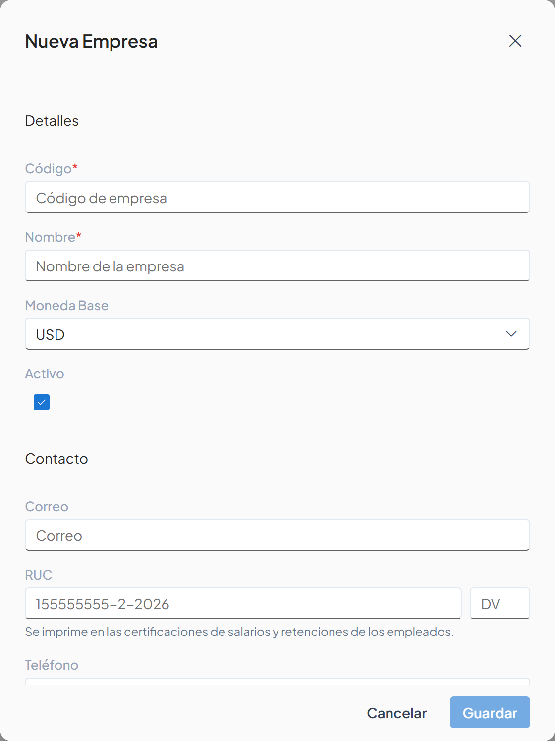 Cuadro Nueva Empresa con los campos Código, Nombre, Moneda Base, Activo, Correo y RUC