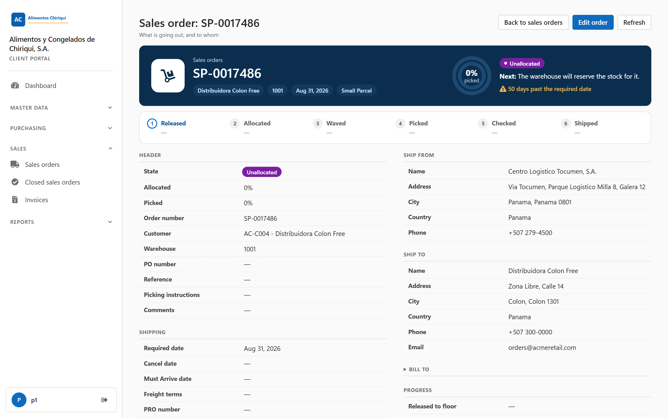 The page of an Unallocated order with the Edit order button at the top right