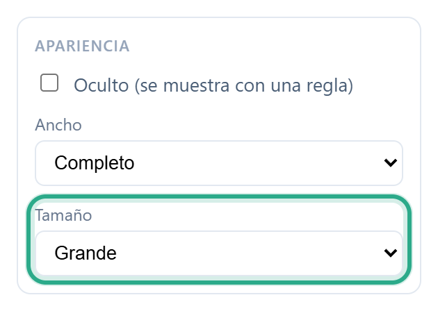 La sección Apariencia de las propiedades de un encabezado, con la lista Tamaño en Grande resaltada