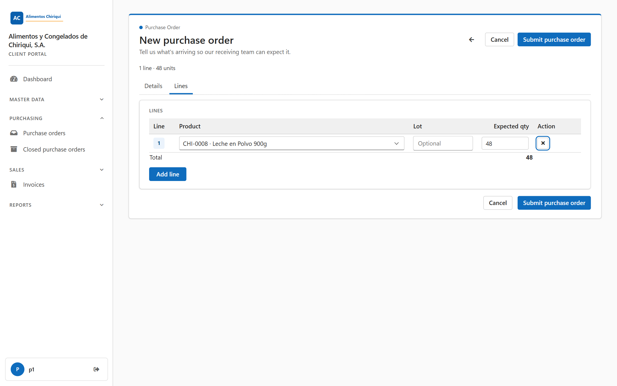 The Lines tab of the New purchase order form with one product line filled in