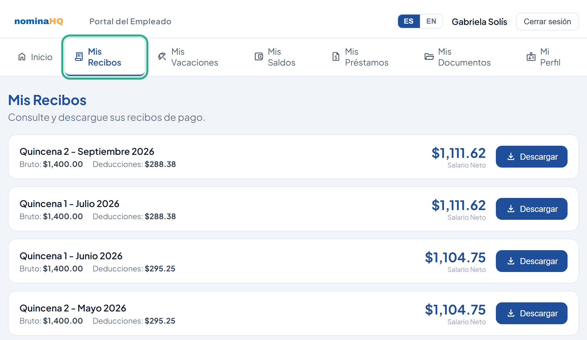 Pestaña Mis Recibos resaltada, con la lista de recibos por período