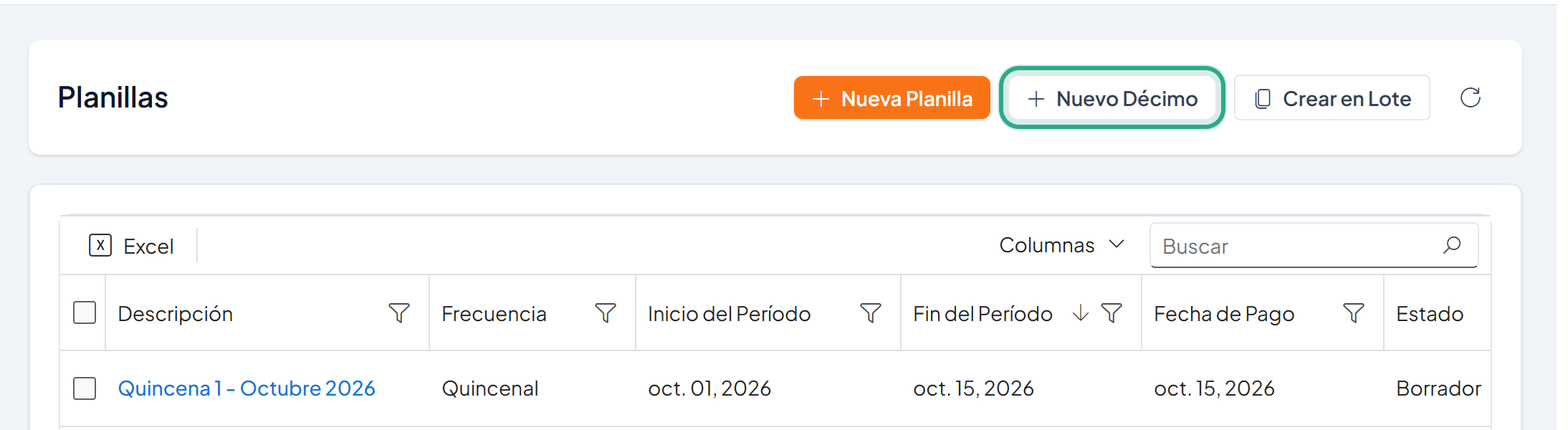 Pantalla Planillas con el botón Nuevo Décimo resaltado junto a Nueva Planilla y Crear en Lote