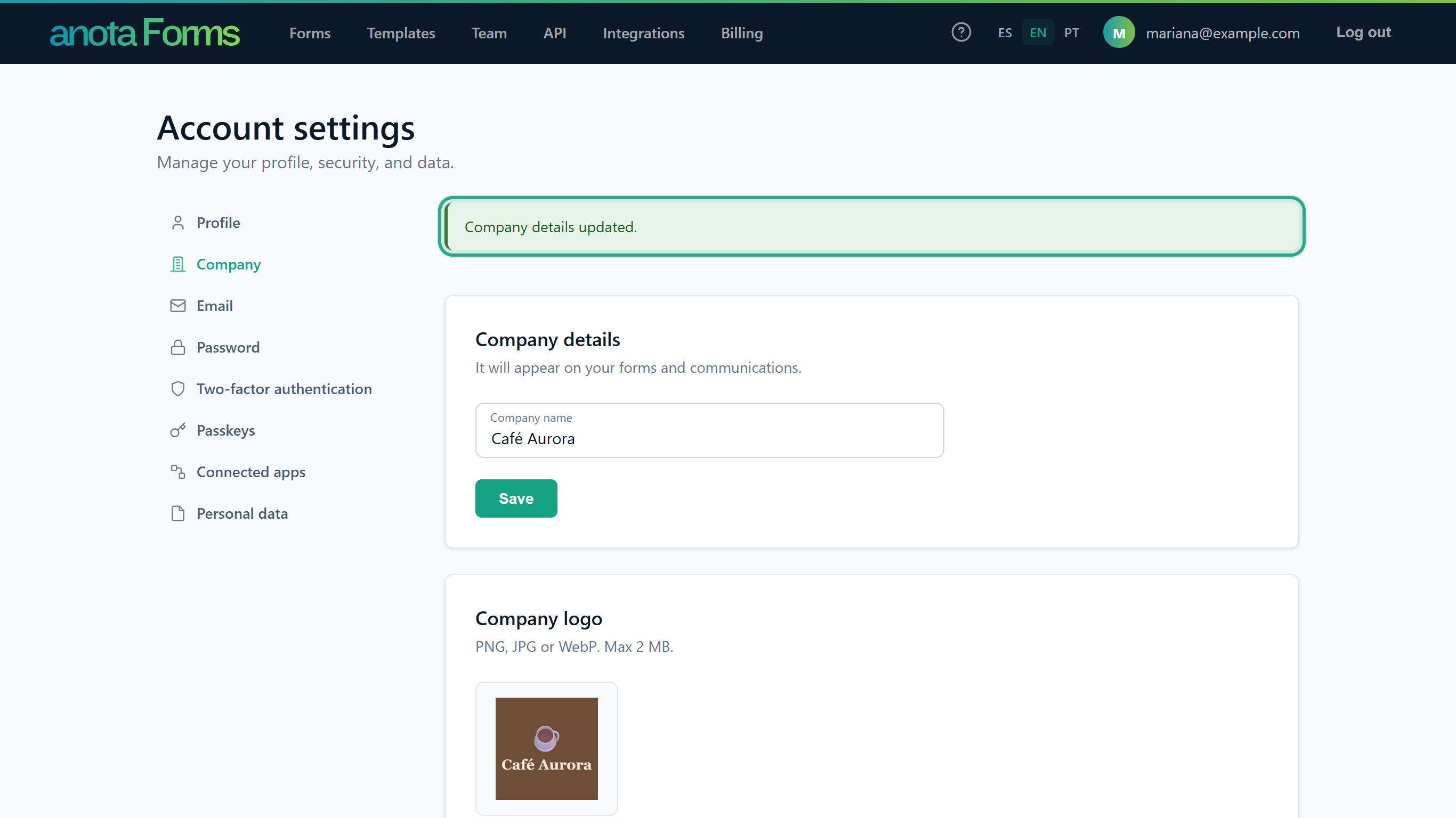 The green Company details updated. message outlined above the Company details card