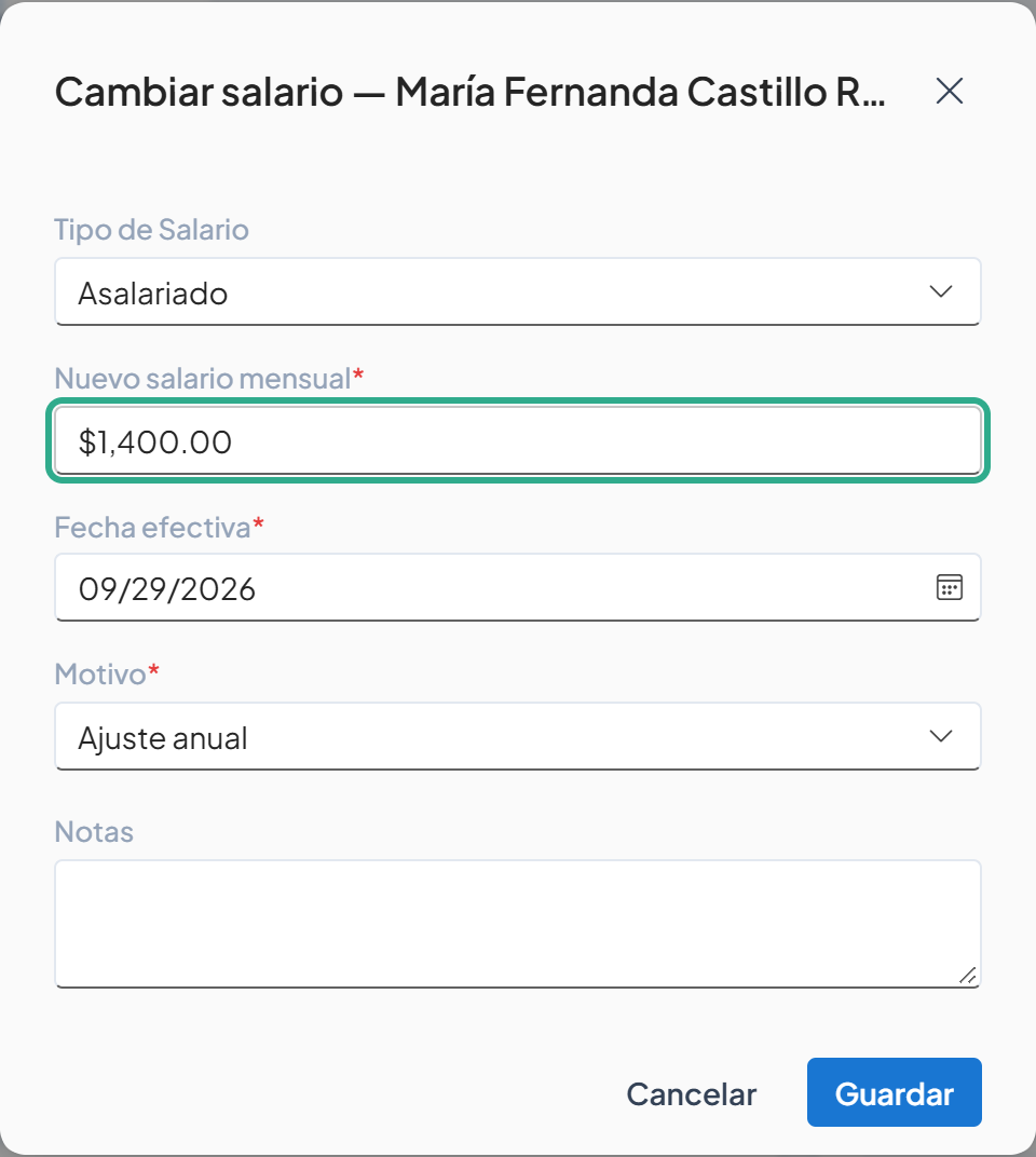 Cuadro Cambiar salario con el campo Nuevo salario mensual resaltado con $1,400.00