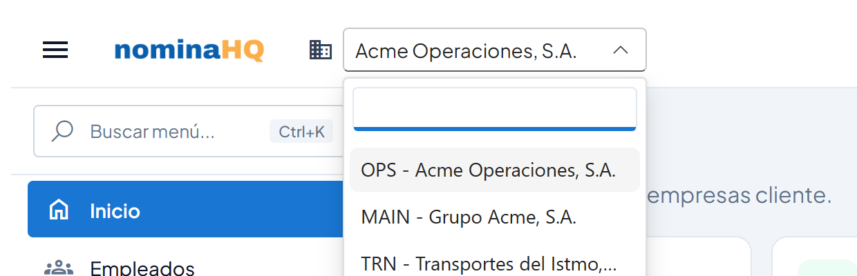 Selector de empresa abierto con la lista de empresas cliente