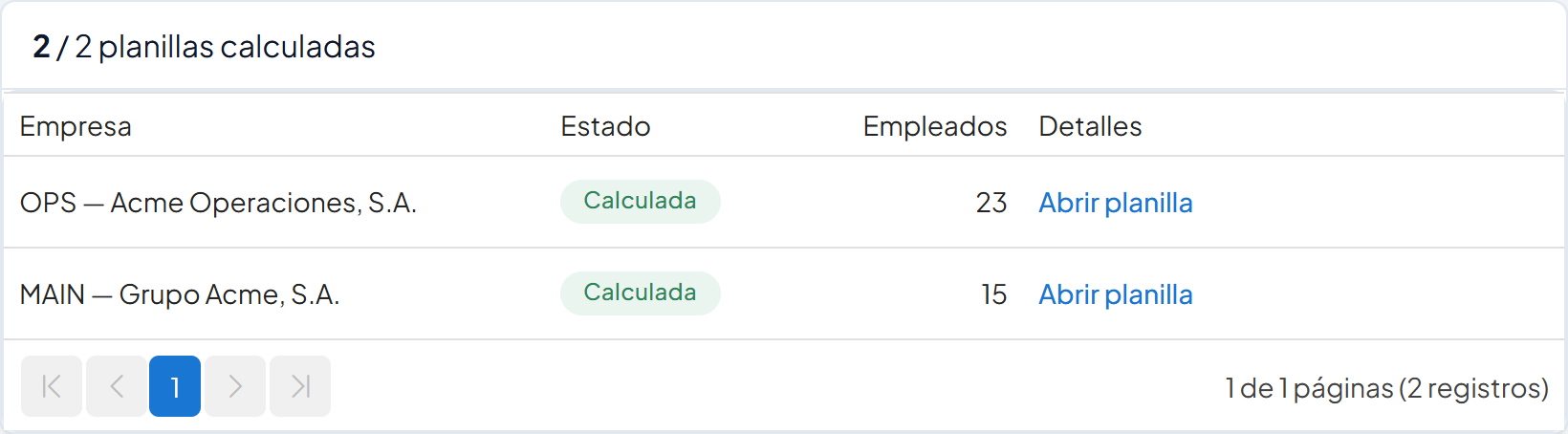 Resultado 2 / 2 planillas calculadas con OPS y MAIN en estado Calculada
