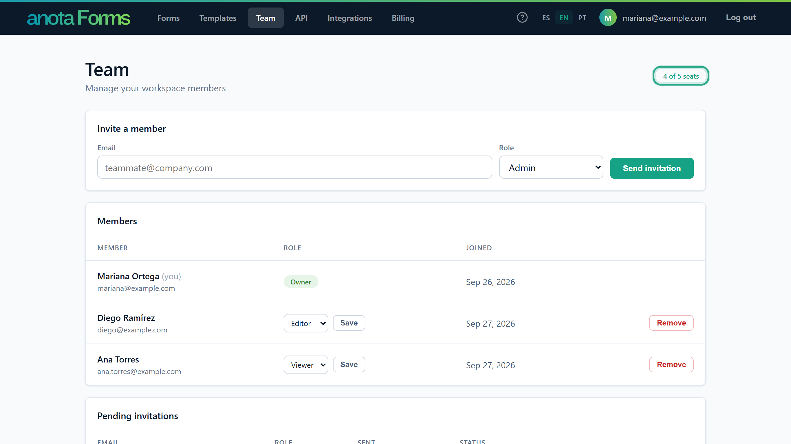The seat pill outlined at the top right of the Team page