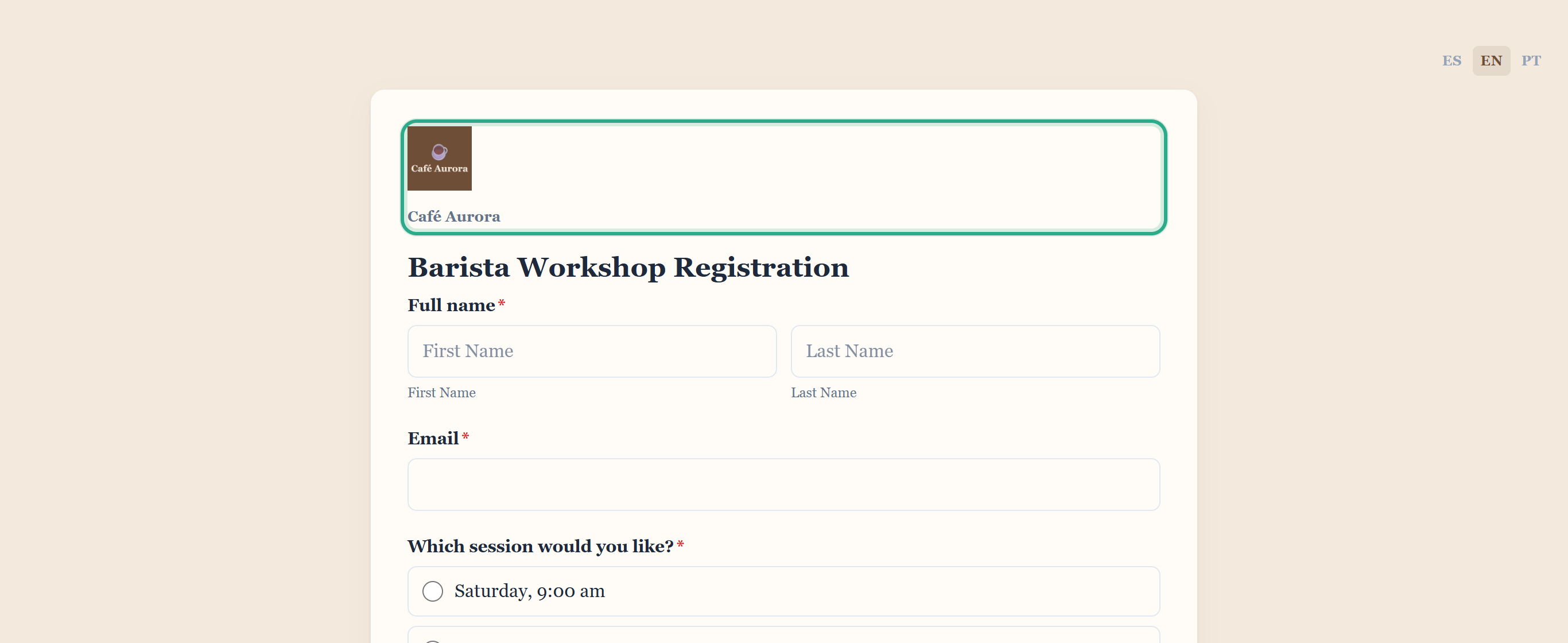 The top of the public Barista Workshop Registration form with the Café Aurora logo and the name Café Aurora outlined above the title
