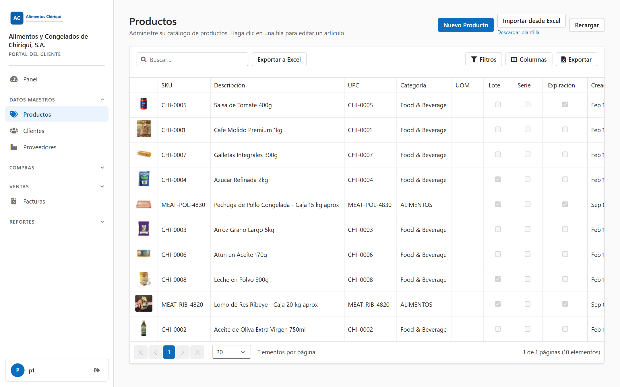 La lista de Productos con los botones Nuevo Producto e Importar desde Excel y la cuadrícula de productos