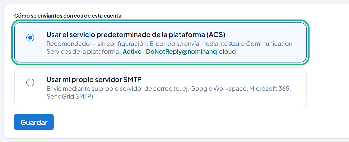 Opción Usar el servicio predeterminado de la plataforma (ACS) resaltada, con el estado Activo y el remitente DoNotReply@nominahq.cloud