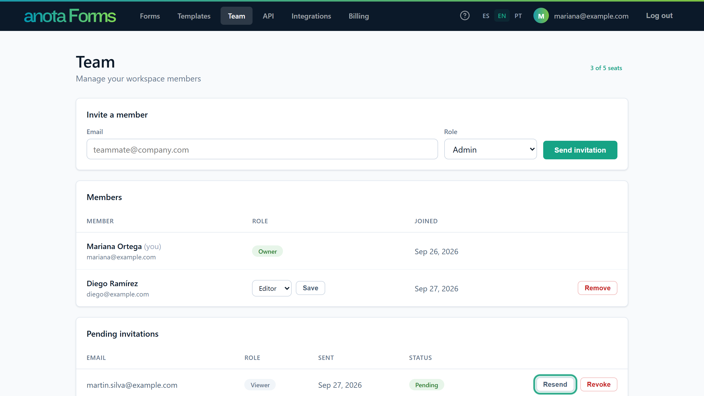 The Pending invitations table with martin.silva@example.com, Viewer, Pending, and the Resend button outlined