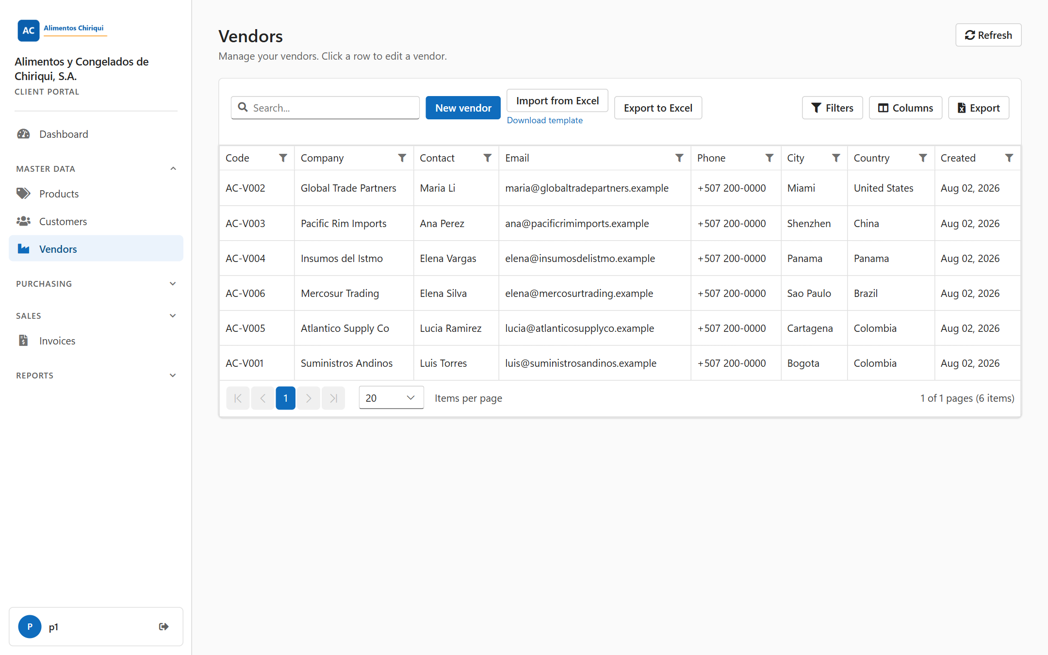 The Vendors list with the New vendor and Import from Excel buttons and the grid of vendors