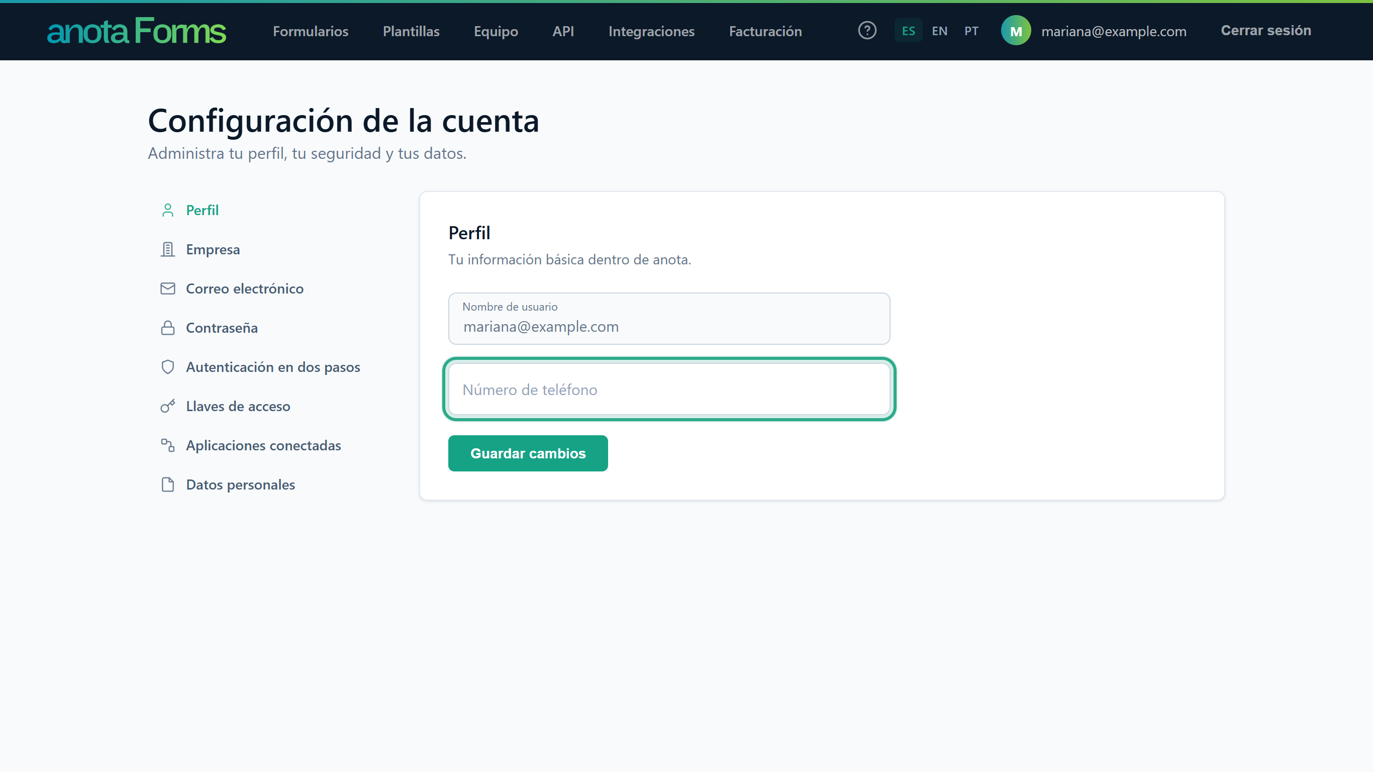 El apartado Perfil con el Nombre de usuario mariana@example.com de solo lectura y el cuadro Número de teléfono vacío resaltado