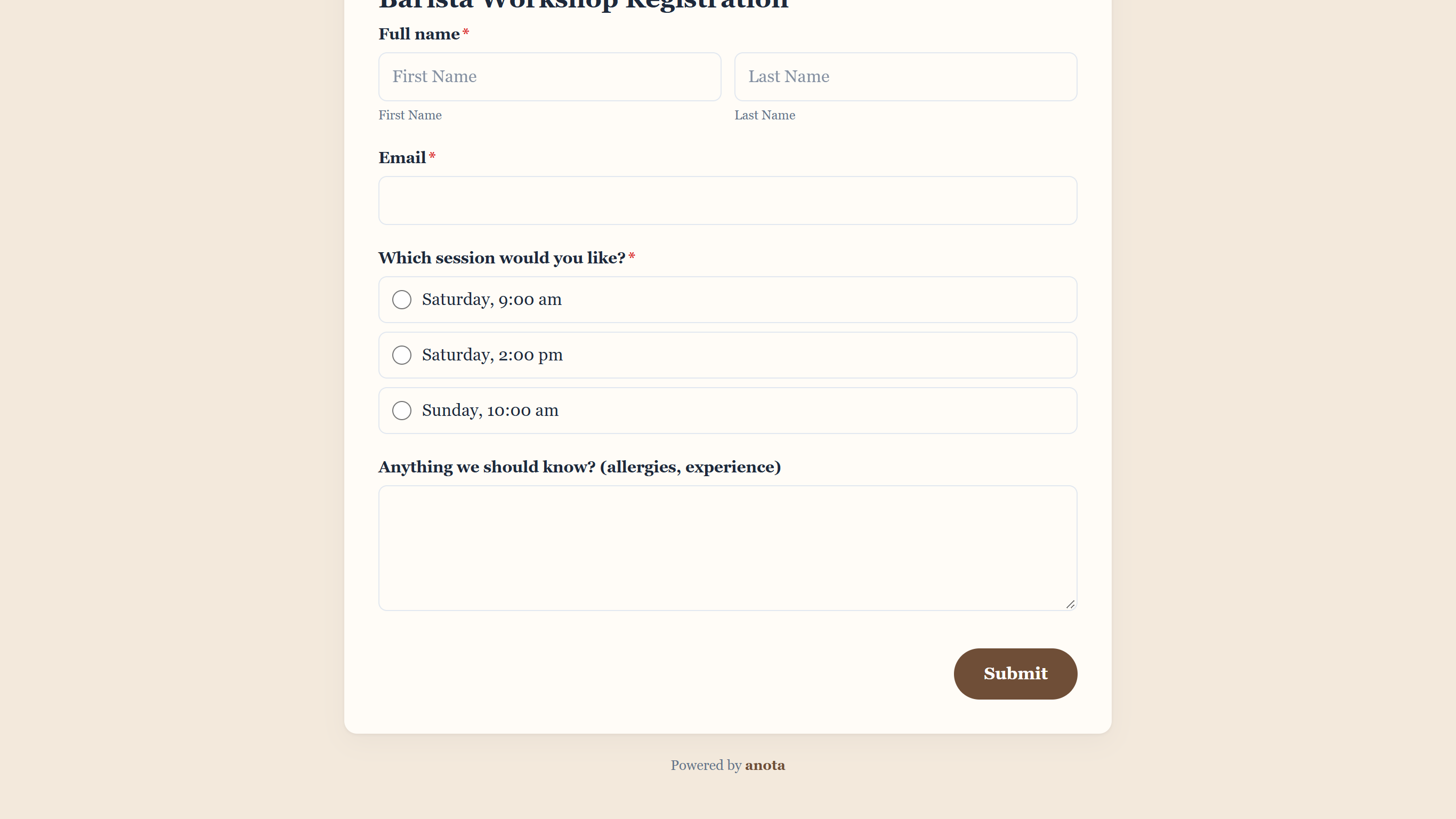 The bottom of the public form with a brown, pill-shaped Submit button