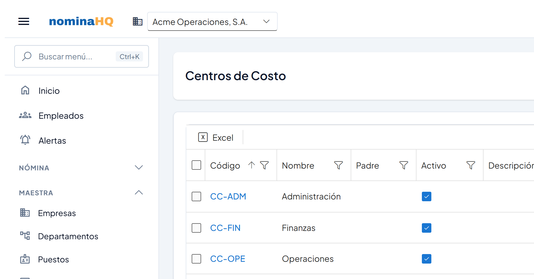 Pantalla Centros de Costo con el menú Maestra → Centros de Costo resaltado