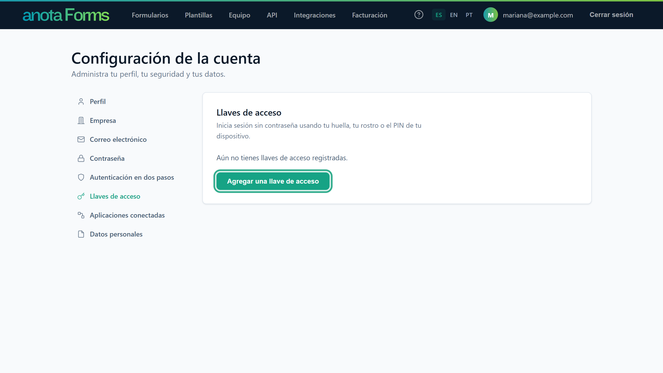 La sección Llaves de acceso, Inicia sesión sin contraseña usando tu huella, tu rostro o el PIN de tu dispositivo., Aún no tienes llaves de acceso registradas., con el botón Agregar una llave de acceso resaltado