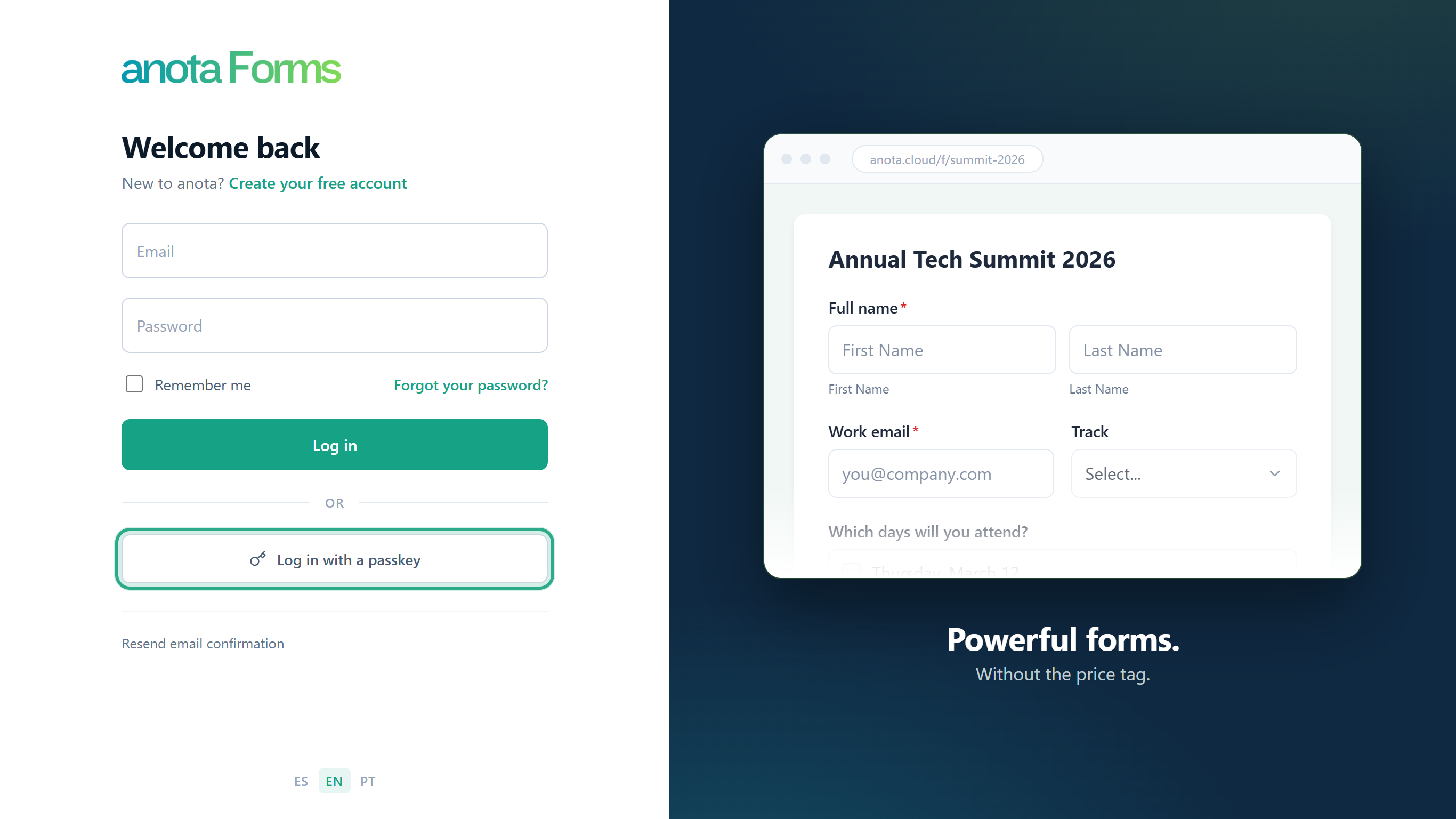 The Welcome back log-in page with the Log in with a passkey button outlined below the OR divider