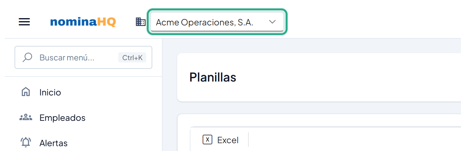 Selector de empresa de la barra superior resaltado