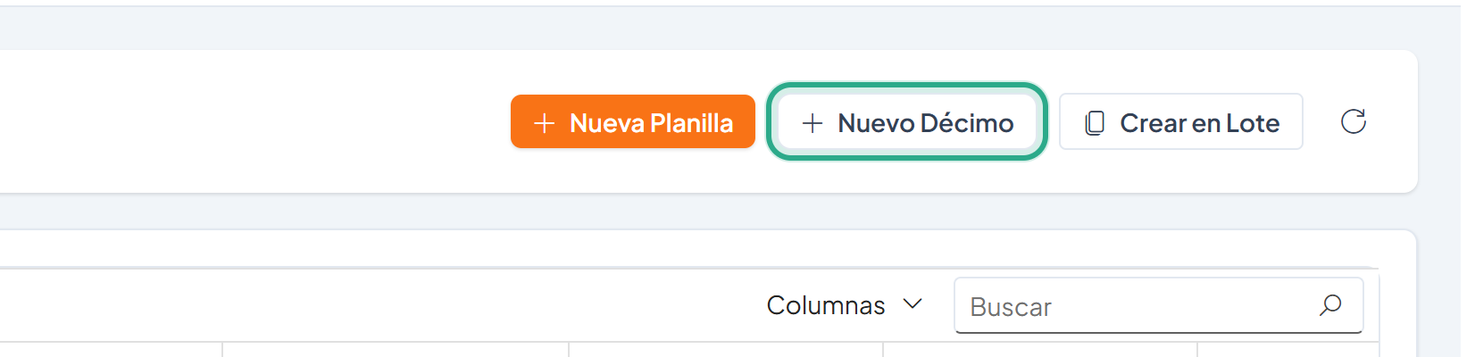 Barra de la pantalla Planillas con el botón Nuevo Décimo resaltado