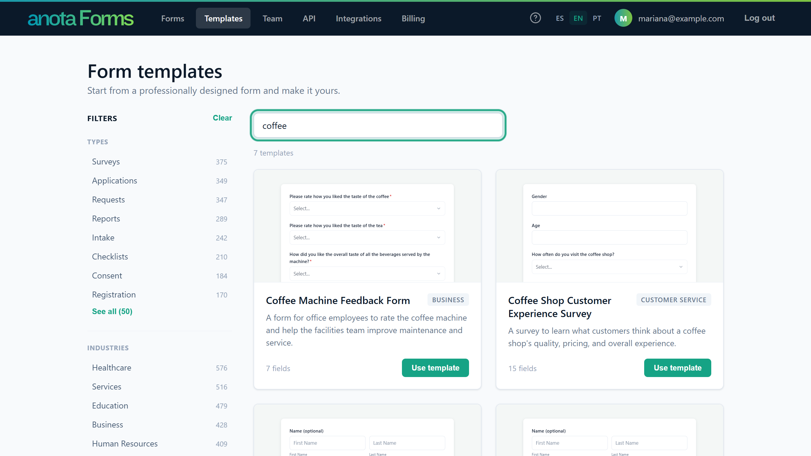 The Search templates box outlined with the text coffee, and 7 templates matching