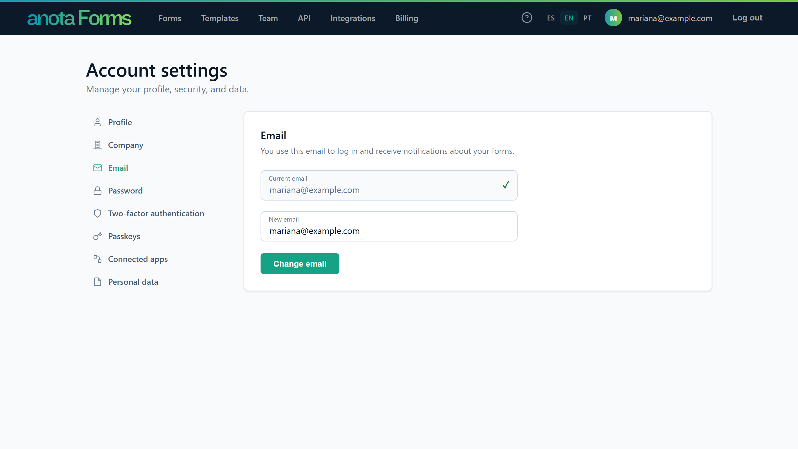 The Email section of Account settings, with Email outlined in the account menu and the Current email and New email boxes on the right