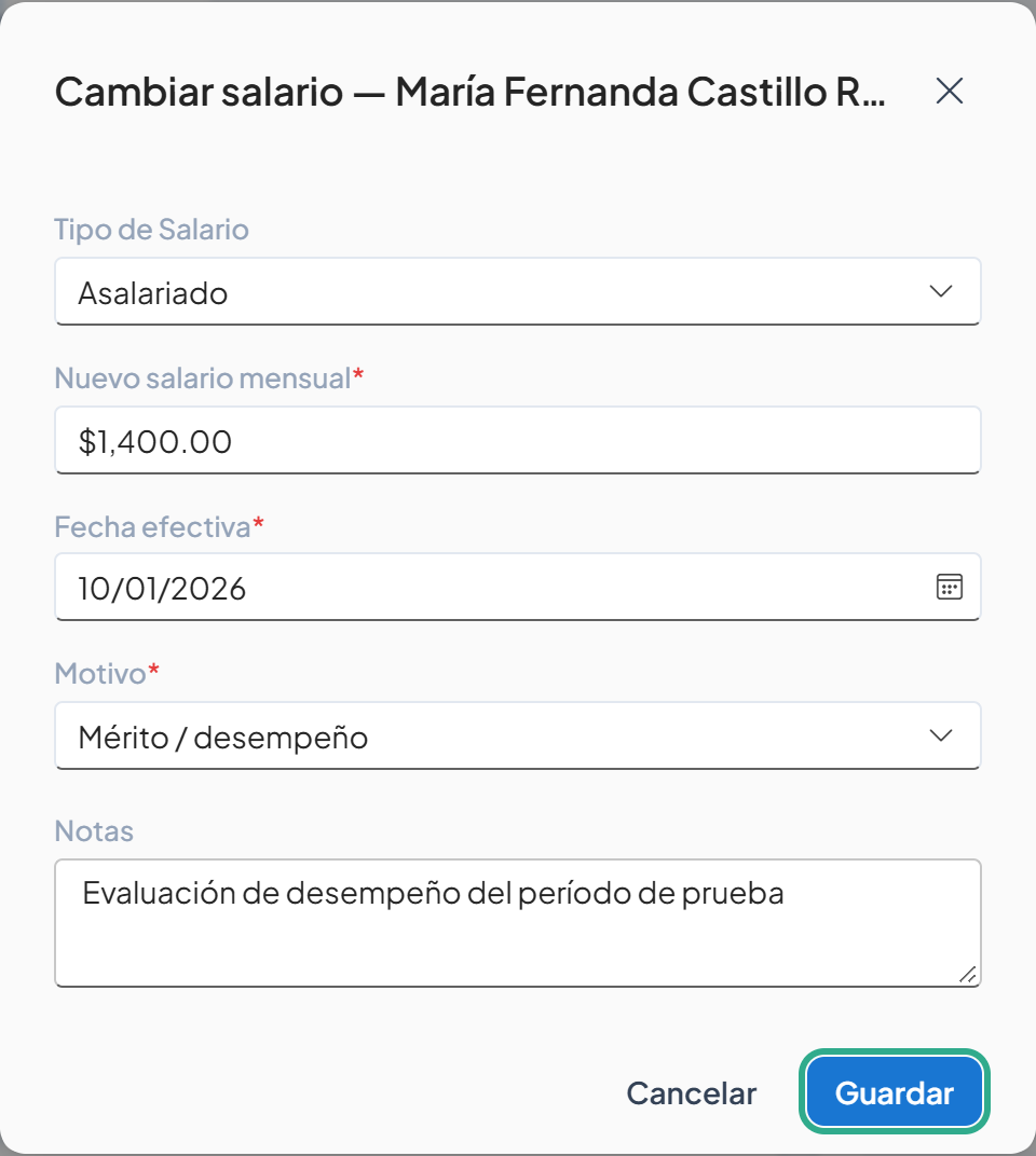 Cuadro Cambiar salario completo con el botón Guardar resaltado