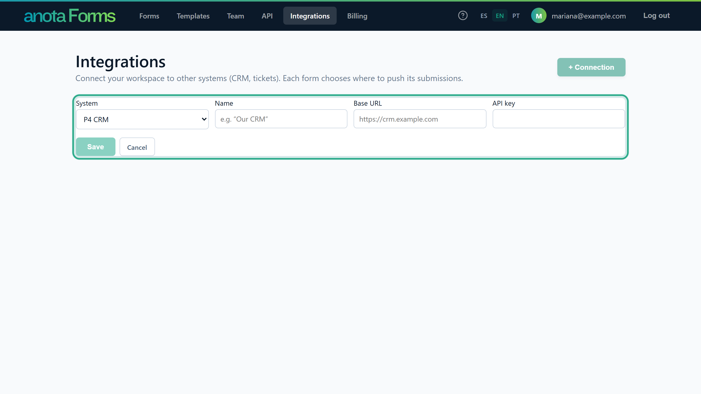 The new connection editor outlined: System P4 CRM, Name, Base URL and API key, with Save and Cancel