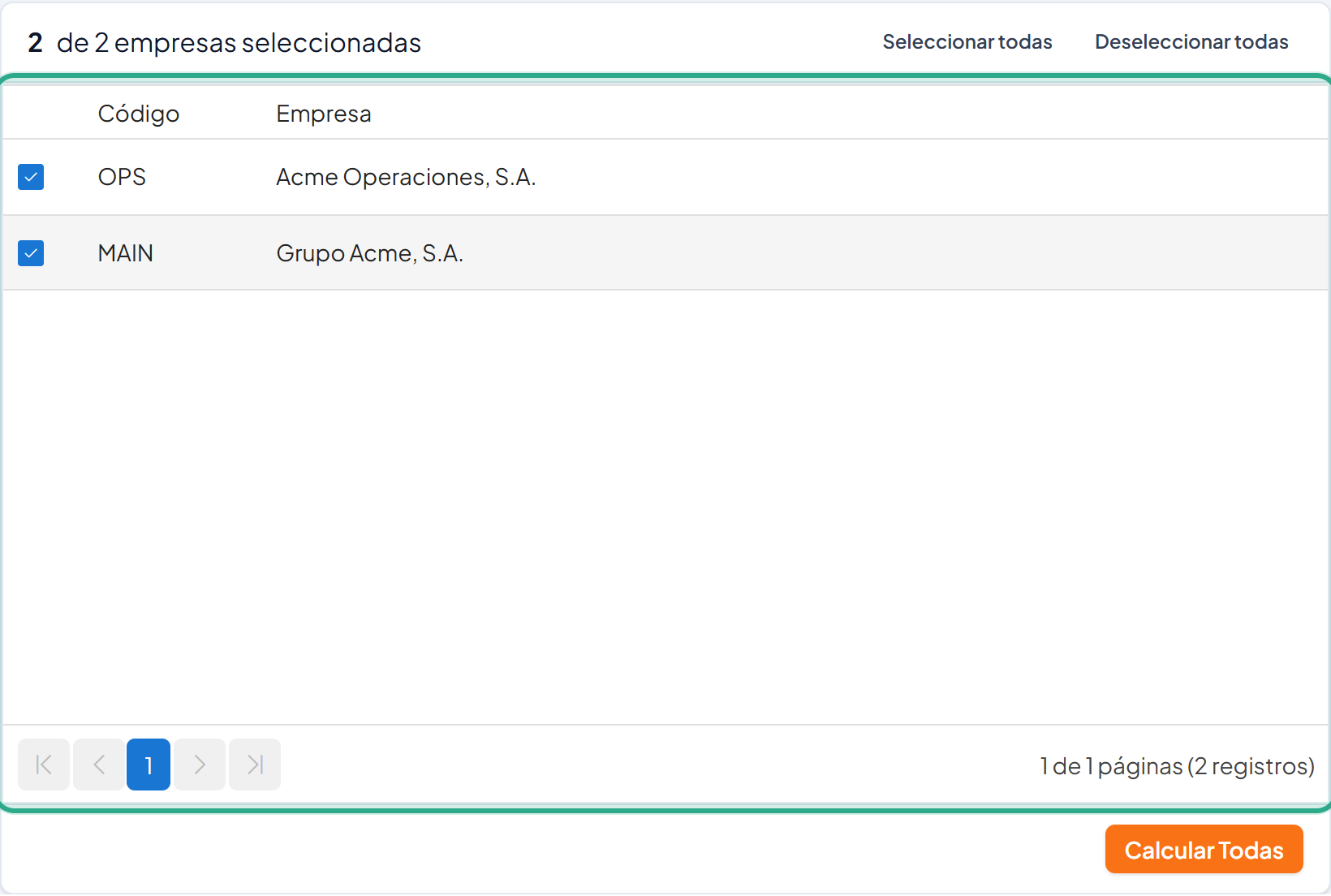 Lista de empresas con las casillas de OPS y MAIN marcadas y el contador 2 de 2 empresas seleccionadas