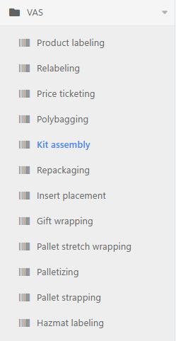 The VAS menu open, listing Product labeling, Relabeling, Price ticketing, Polybagging, Kit assembly and the other services