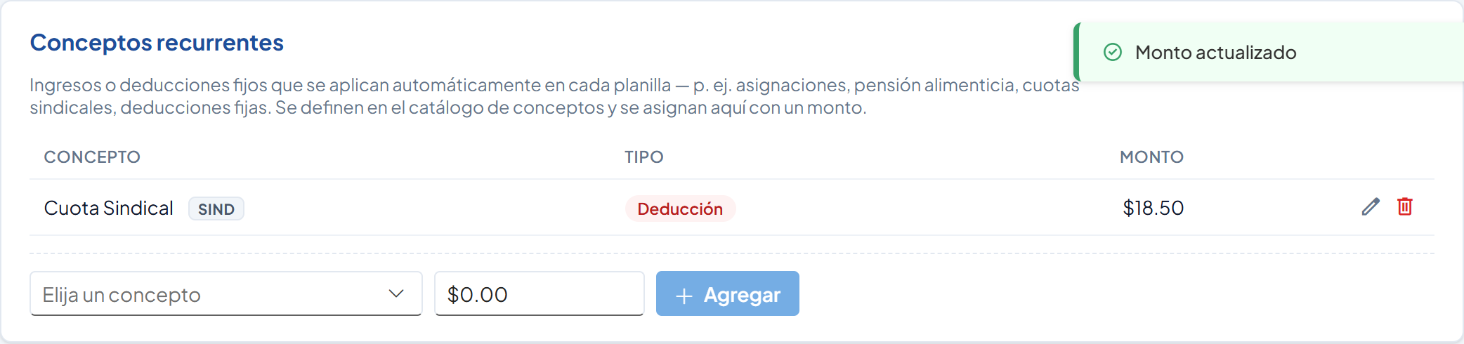 Fila Cuota Sindical con el monto $18.50 y el aviso Monto actualizado