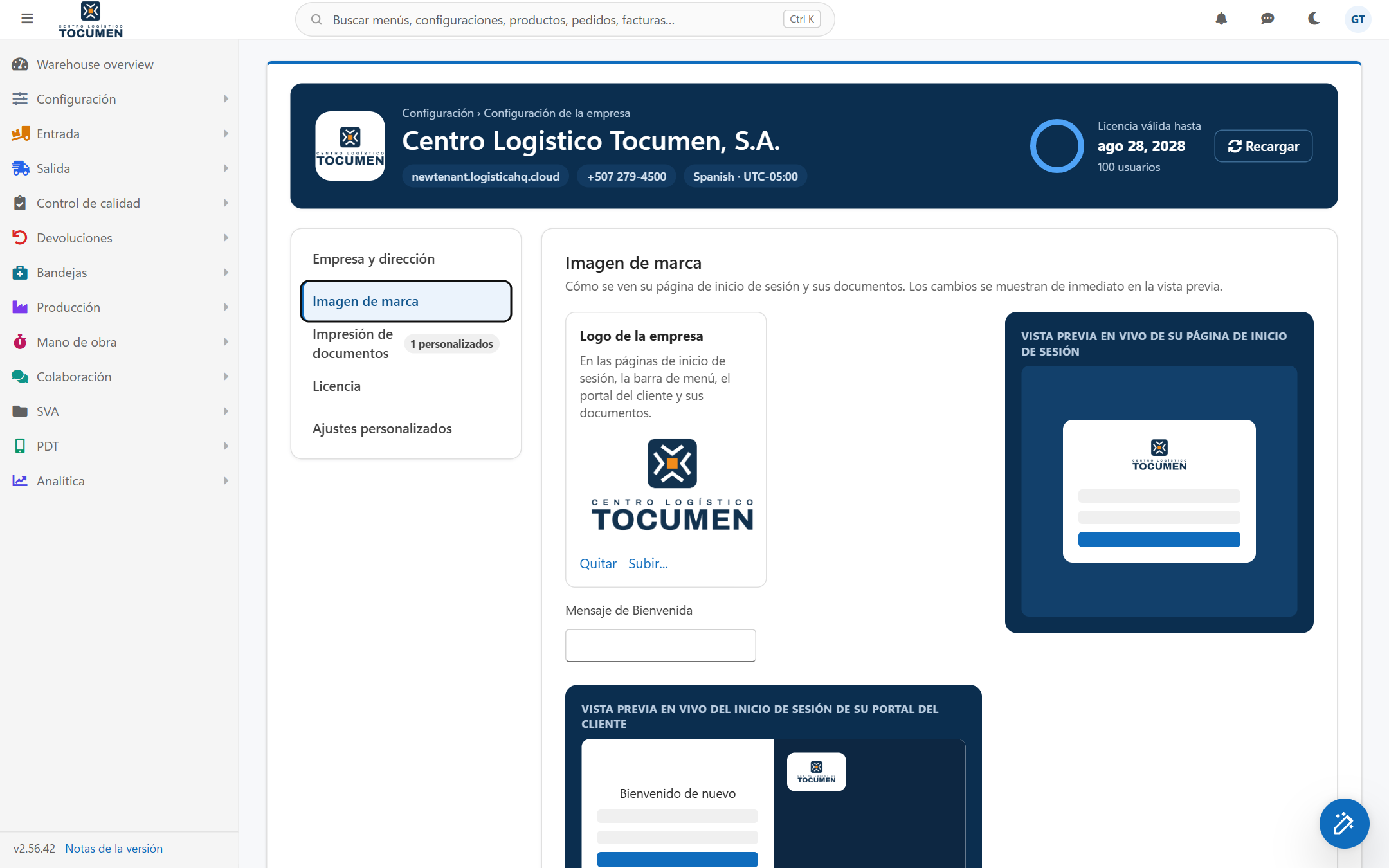 La tarjeta Imagen de marca con el recuadro Logo de la empresa y las dos vistas previas en vivo