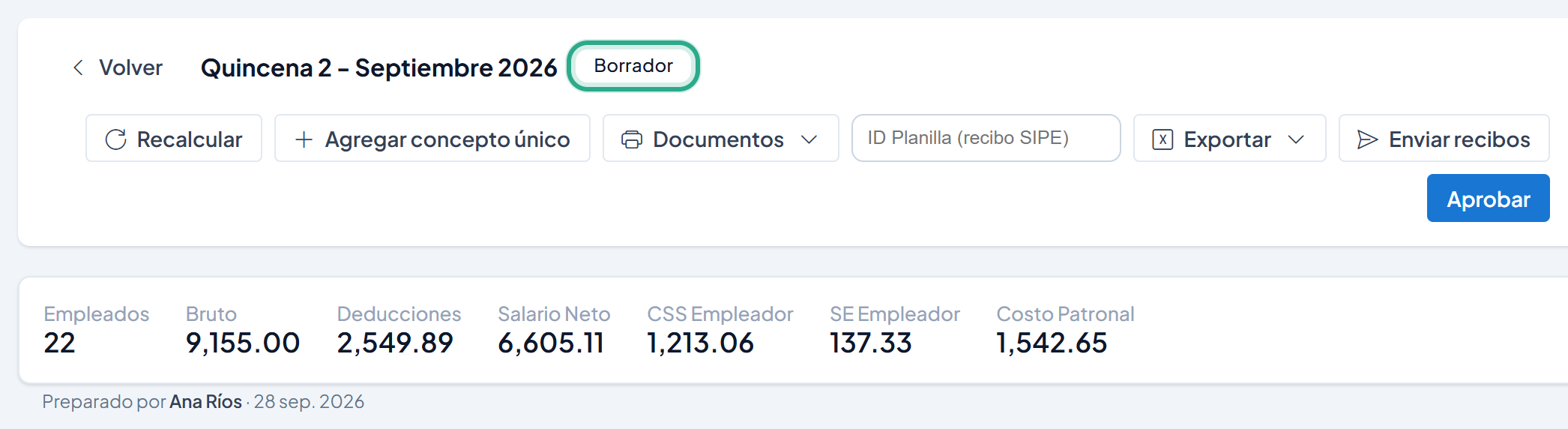 Planilla de nuevo en Borrador con la franja que solo muestra Preparado por