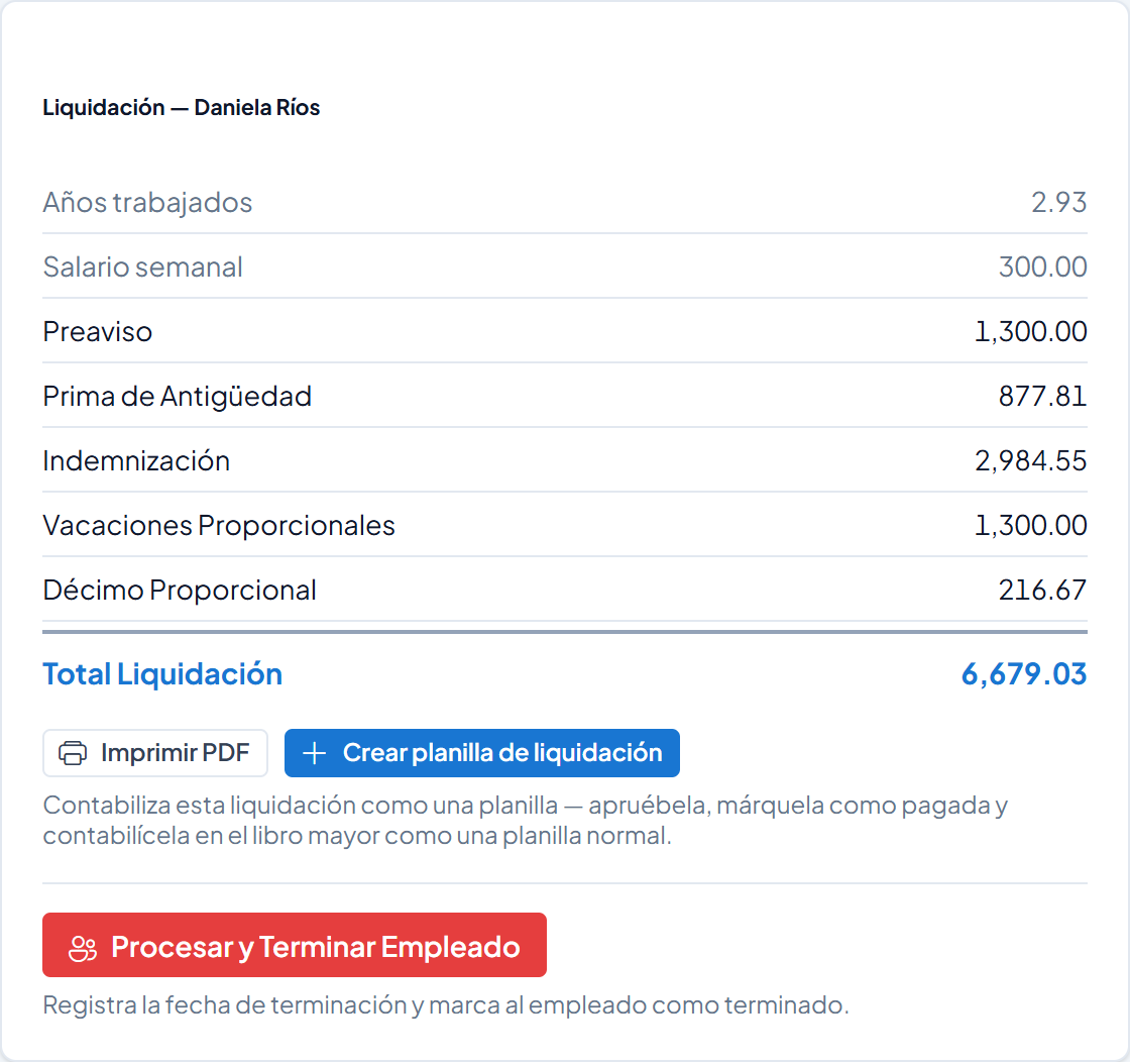 Liquidación de Daniela Ríos: preaviso 1,300.00, prima 877.81, indemnización 2,984.55, vacaciones 1,300.00, décimo 216.67, total 6,679.03